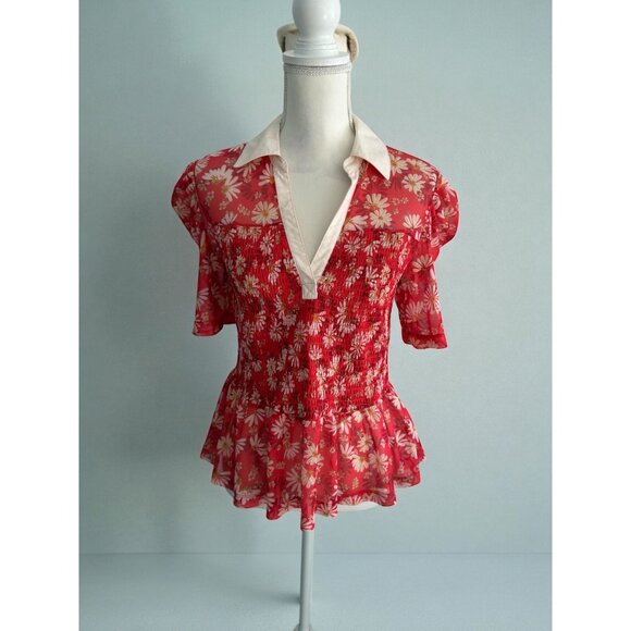 MAEVE Red Floral Collared Smocked Blouse Size Medium - Picture 1 of 10